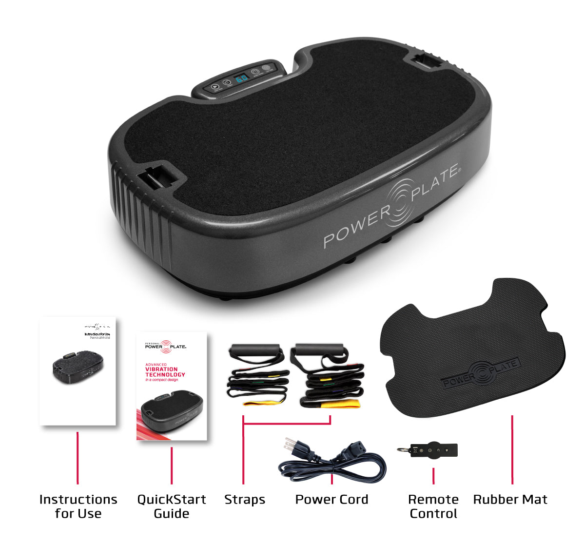 What's in the box with the Personal Power Plate: plate, remote control, resistance straps, power cord and instructions