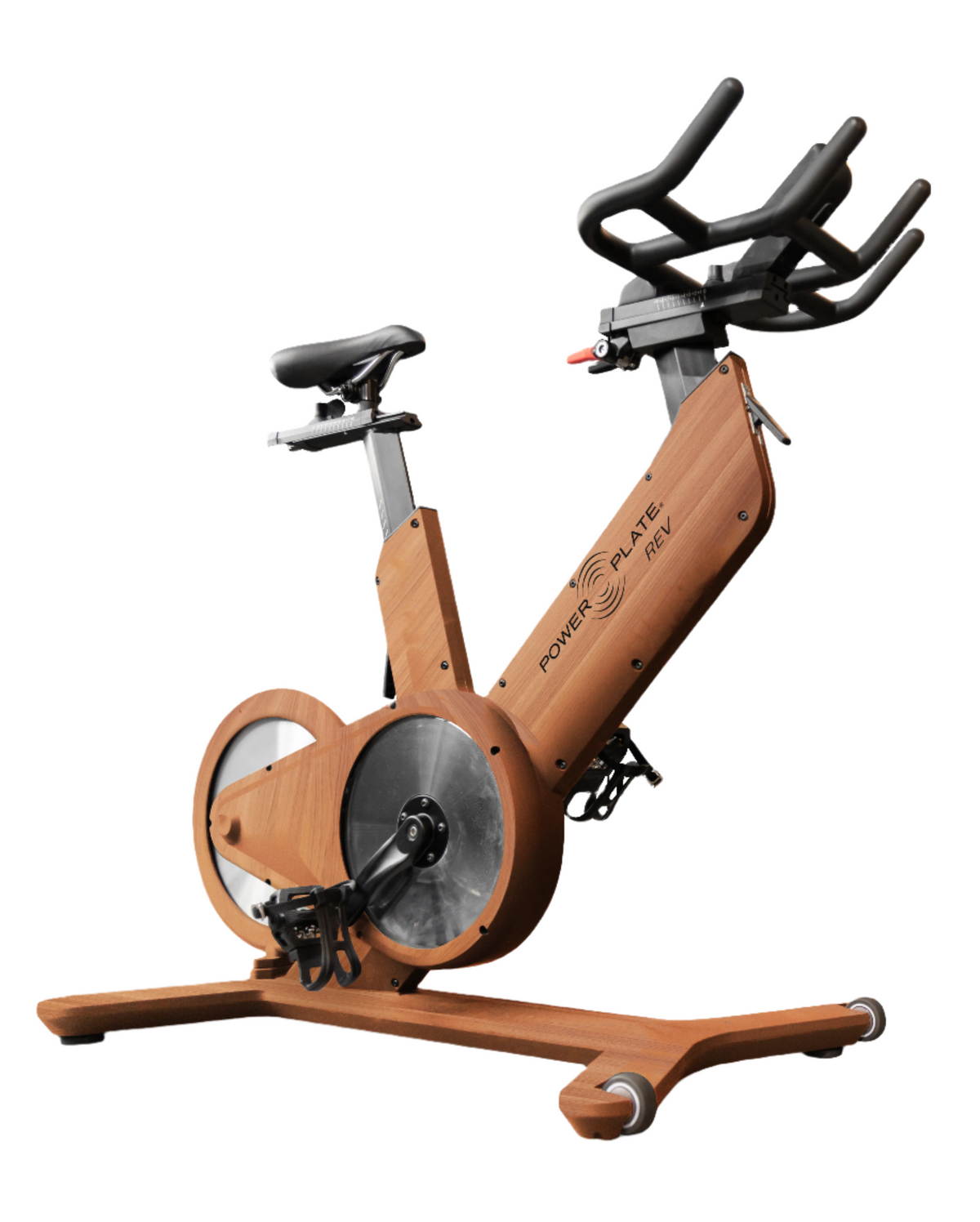 Power Plate REV vibration exercise bike in wood finish, side angle