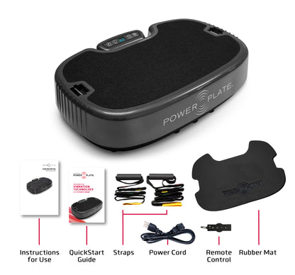 What's in the box with the Personal Power Plate: plate, remote control, resistance straps, power cord and instructions